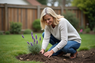 Femme plantant une lavande dans un jardin calme