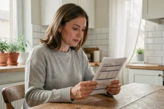 Femme consultant un justificatif de domicile sous forme de facture dans une cuisine moderne