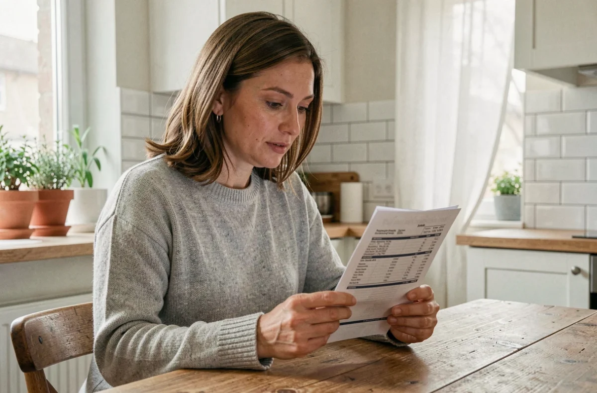 Femme consultant un justificatif de domicile sous forme de facture dans une cuisine moderne