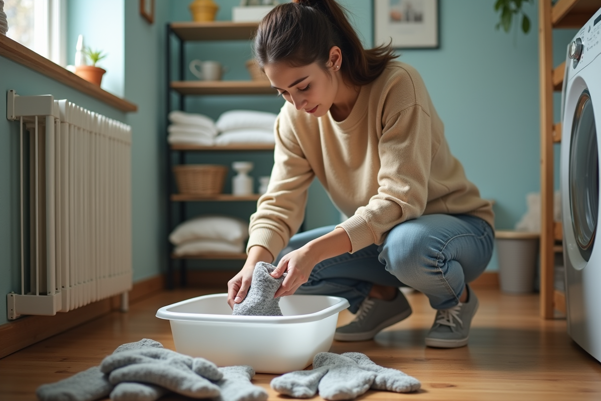 Jeune femme lavant des chaussettes dans un lavabo