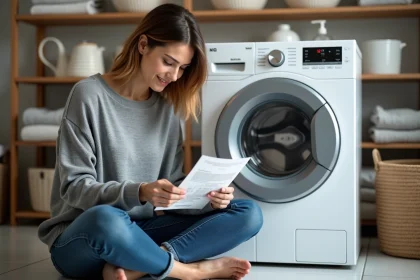 Femme examinant le panneau de la machine &agrave; laver