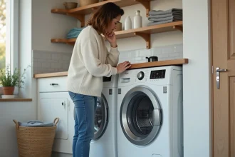 Femme examinant le panneau de contrôle d'un lave-linge moderne