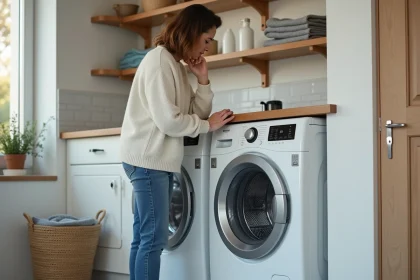 Femme examinant le panneau de contr&ocirc;le d'un lave-linge moderne