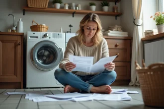 Femme assise sur le sol de la buanderie avec papiers et machine à laver