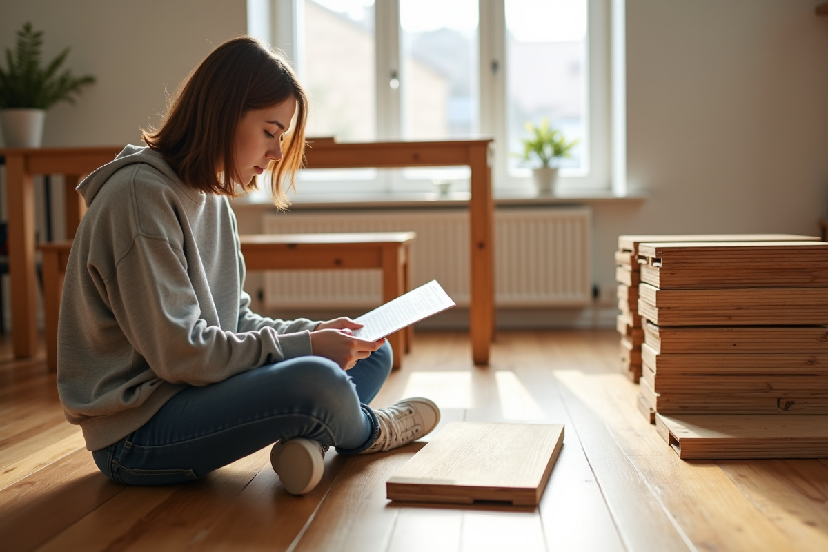 Jeune femme lisant un manuel de pose de parquet dans une pièce lumineuse