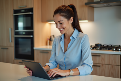 Femme utilisant une tablette pour la domotique dans une cuisine moderne