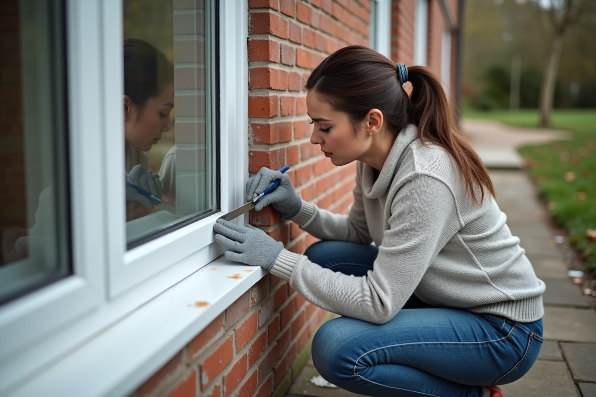 Femme posant du mastic sur une fenêtre extérieure en briques