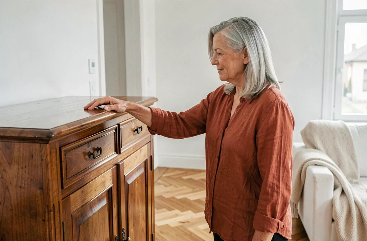Femme aux cheveux grisonnants disposant un meuble en bois ancien dans un appartement scandinave aux murs blancs et parquet en chevrons