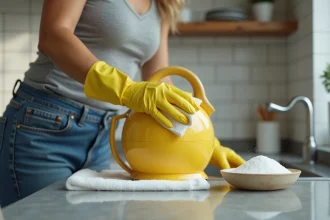 Femme en jeans nettoyant un appareil de cuisine avec des gants