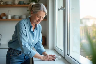 Femme nettoyant un cadre PVC avec un chiffon dans une cuisine lumineuse