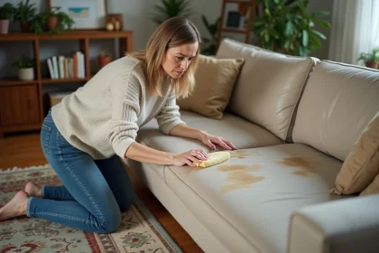 Femme nettoyant un sofa en cuir beige dans un salon cosy