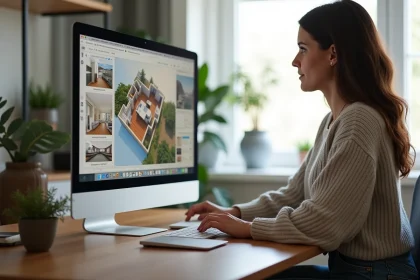 Femme explorant un plan 3D sur son ordinateur dans un bureau moderne