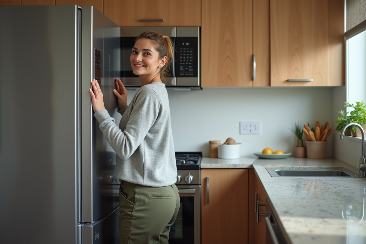 Jeune femme ouvre un réfrigérateur dans sa cuisine moderne