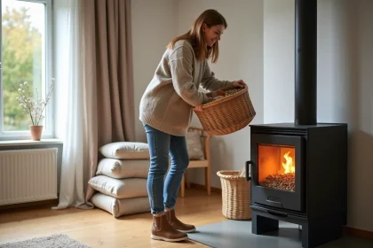 Femme versant des pellets dans un po&ecirc;le &agrave; bois moderne