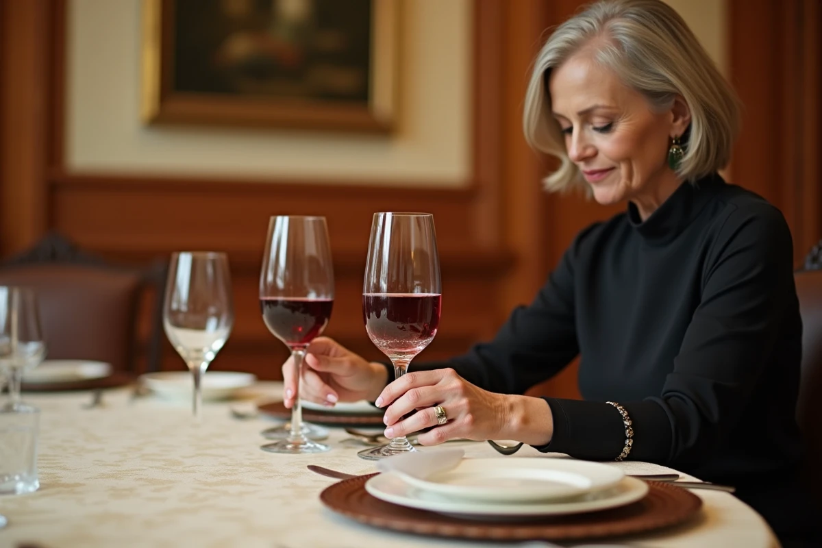 Femme élégante en train de placer un verre à vin rouge sur une table de dîner chic avec couverts et nappe damassée