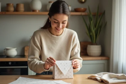 Femme plie un papier cadeau dans une cuisine chaleureuse