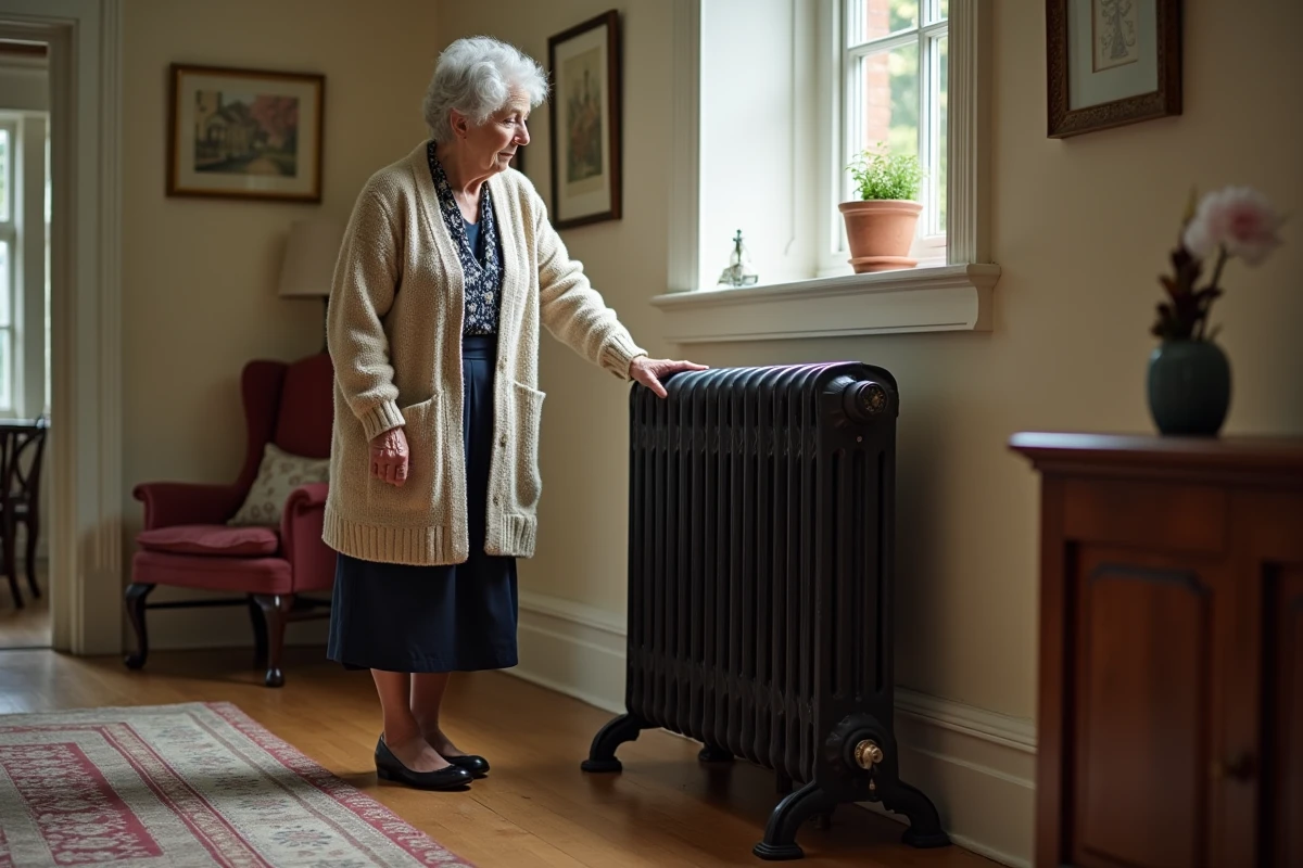 Femme âgée touchant un radiateur en fonte avec pieds neufs