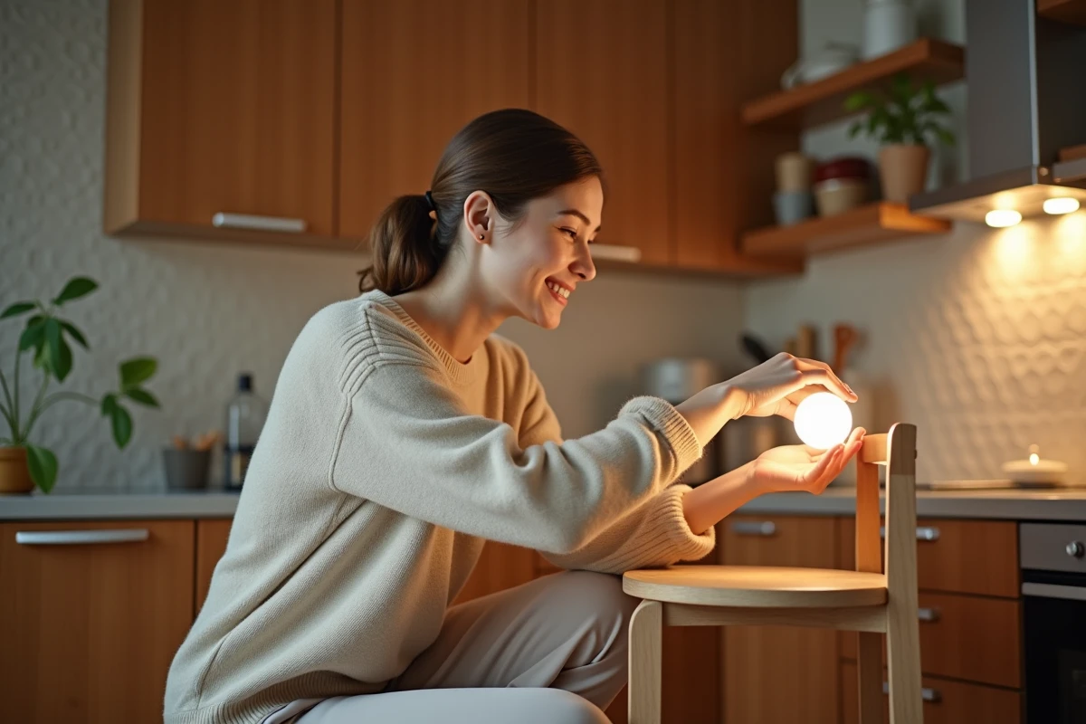 Jeune femme ajuste un spot encastré dans la cuisine