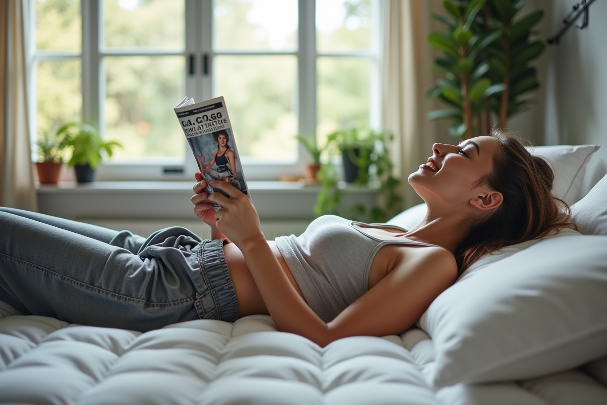 Jeune femme sportive allongée souriante sur le matelas