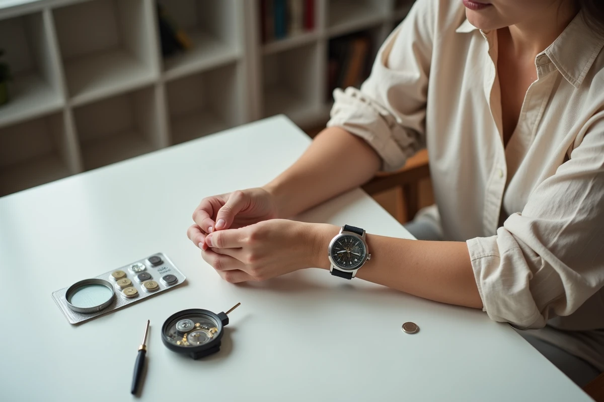 Femme inspectant le bo&icirc;tier ouvert d'une montre avec des outils de remplacement de pile sur un bureau blanc
