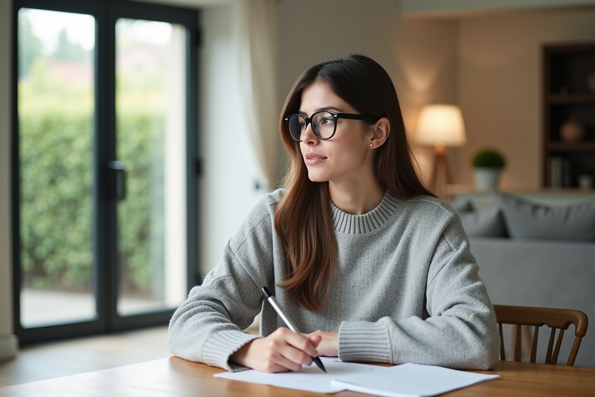 Jeune femme assise à une table avec fenêtres modernes derrière