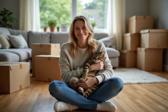 Femme assise avec chat tabby dans un salon calme