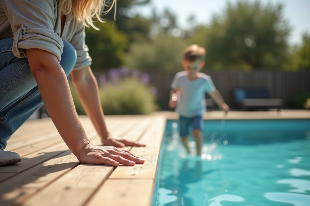 Femme souriante touche la terrasse en bois autour de la piscine