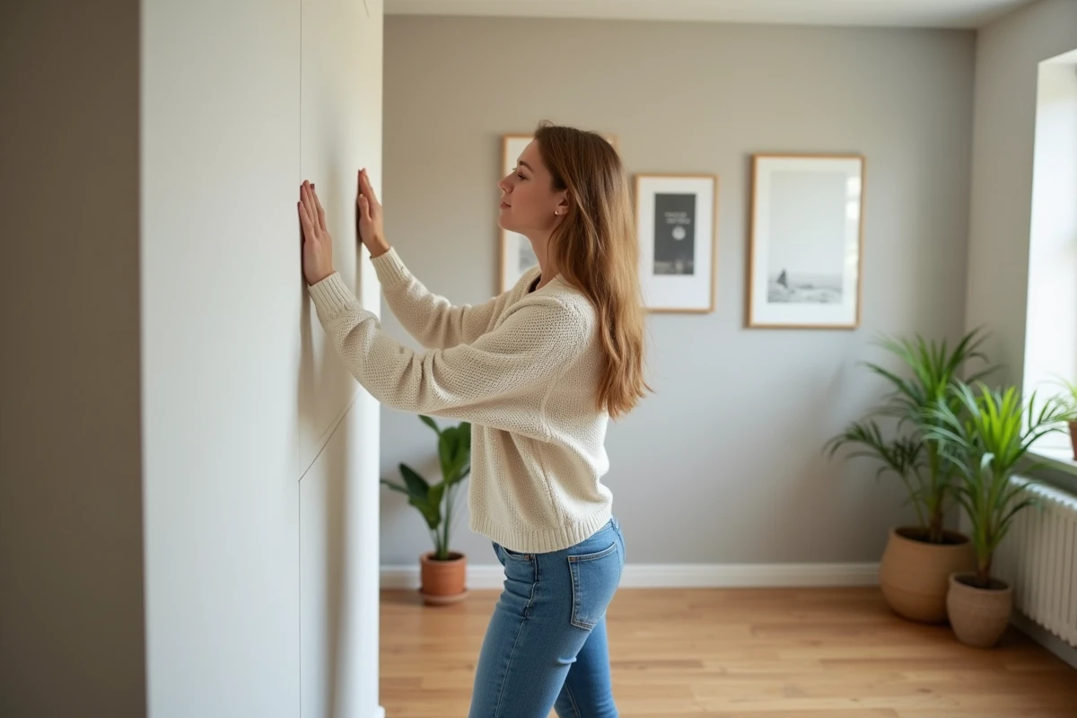 Jeune femme examinant un mur en platre dans son salon