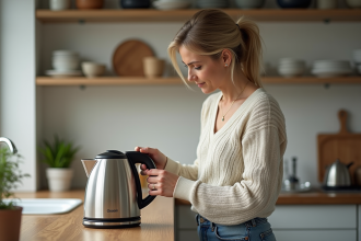 Femme concentrée inspectant une bouilloire dans la cuisine