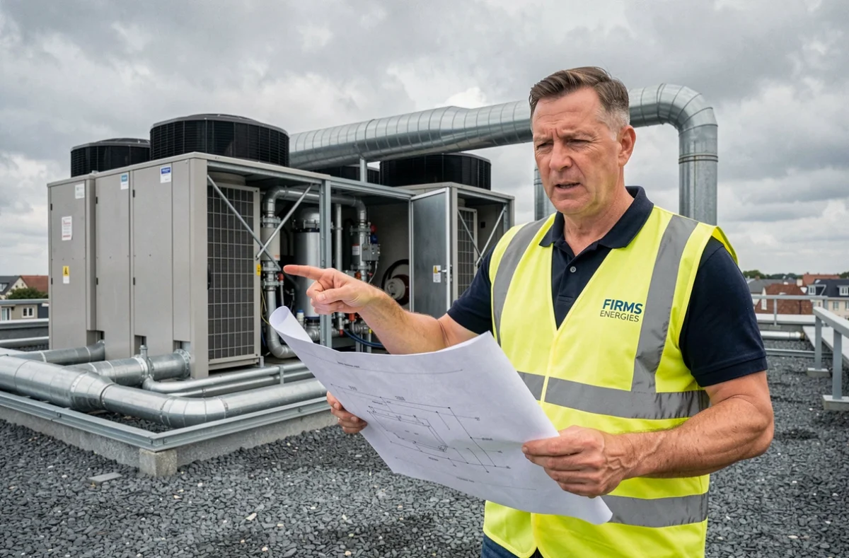 Responsable de projet de FIRMS ENERGIES supervisant une installation de climatisation commerciale sur un toit en Seine-Maritime