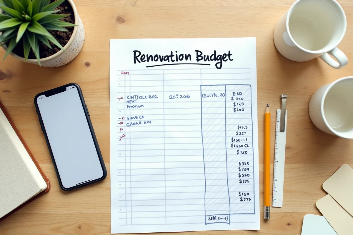 Vue de dessus d'un espace de travail avec fiche de suivi budget rénovation annotée, smartphone et échantillons de peinture sur bureau en bois clair