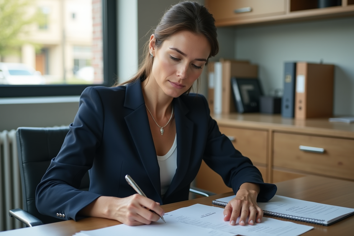 Femme fonctionnaire examinant des documents au bureau