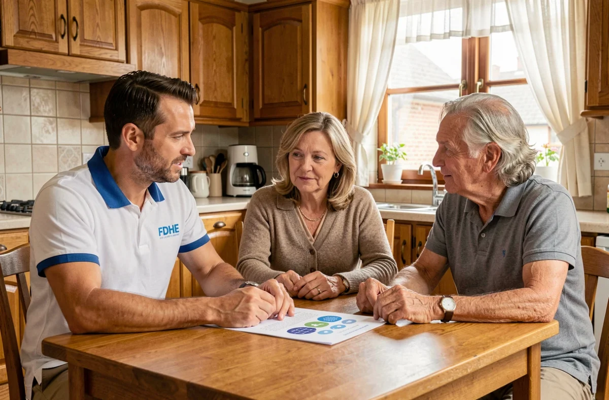 Conseiller de France Direct Habitat Energie FDHE présentant une offre de rénovation énergétique incluant la climatisation à des propriétaires en Seine-Maritime