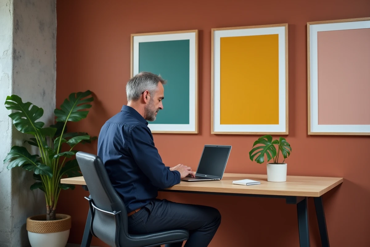 Homme concentré travaillant à son bureau face à une galerie de tableaux colorés sur un mur terracotta