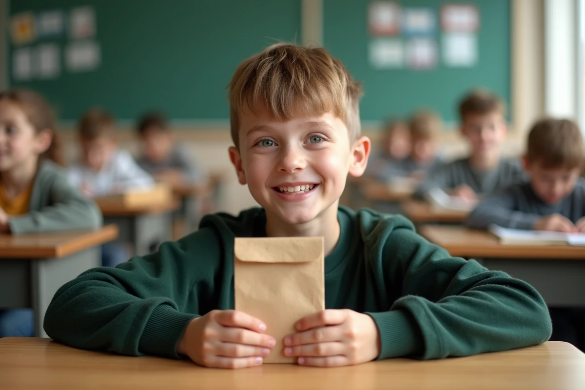 Garçon de 10 ans montre sa pochette en papier dans une classe