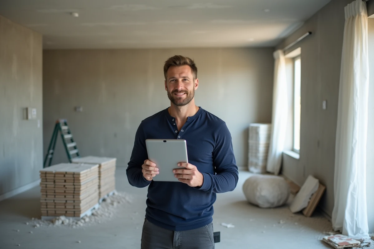 Homme consultant un tableau de suivi budgétaire sur tablette au milieu d'un chantier de rénovation en cours