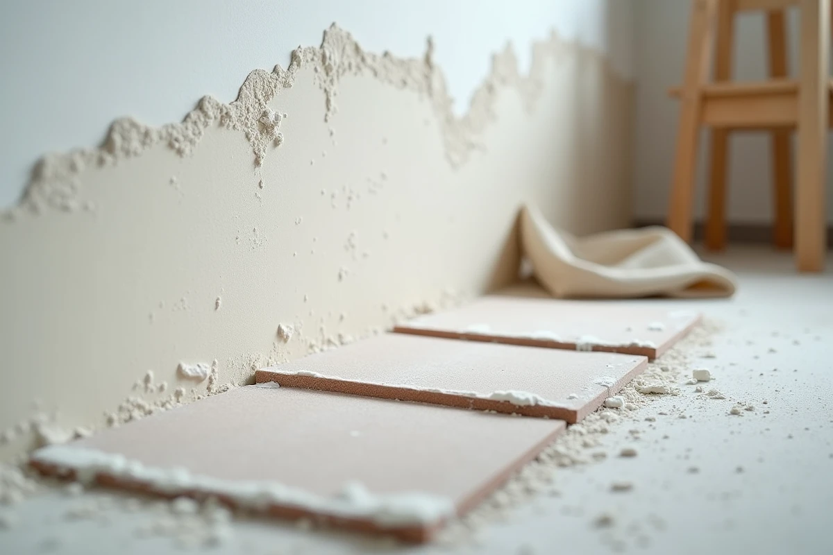 Gros plan sur différents grains de papier abrasif posés devant un mur en enduit poncé et non poncé