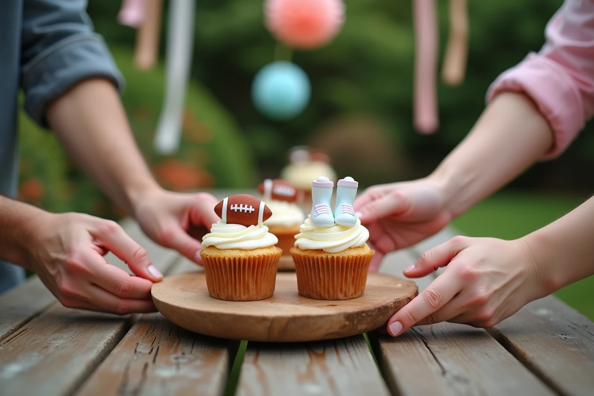Gros plan sur mains arrangeant cupcakes football