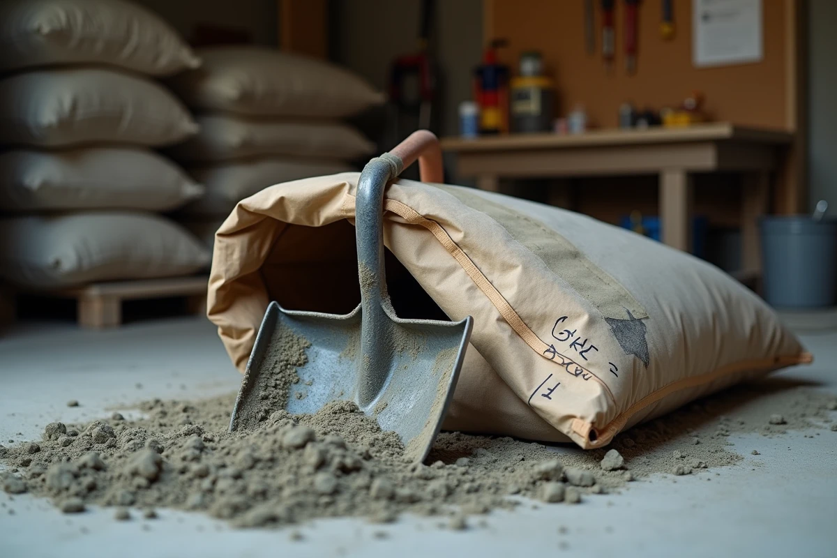Gros plan sur une pelle et un sac de béton 35 kg ouvert avec tableau de dosage dans un garage de chantier