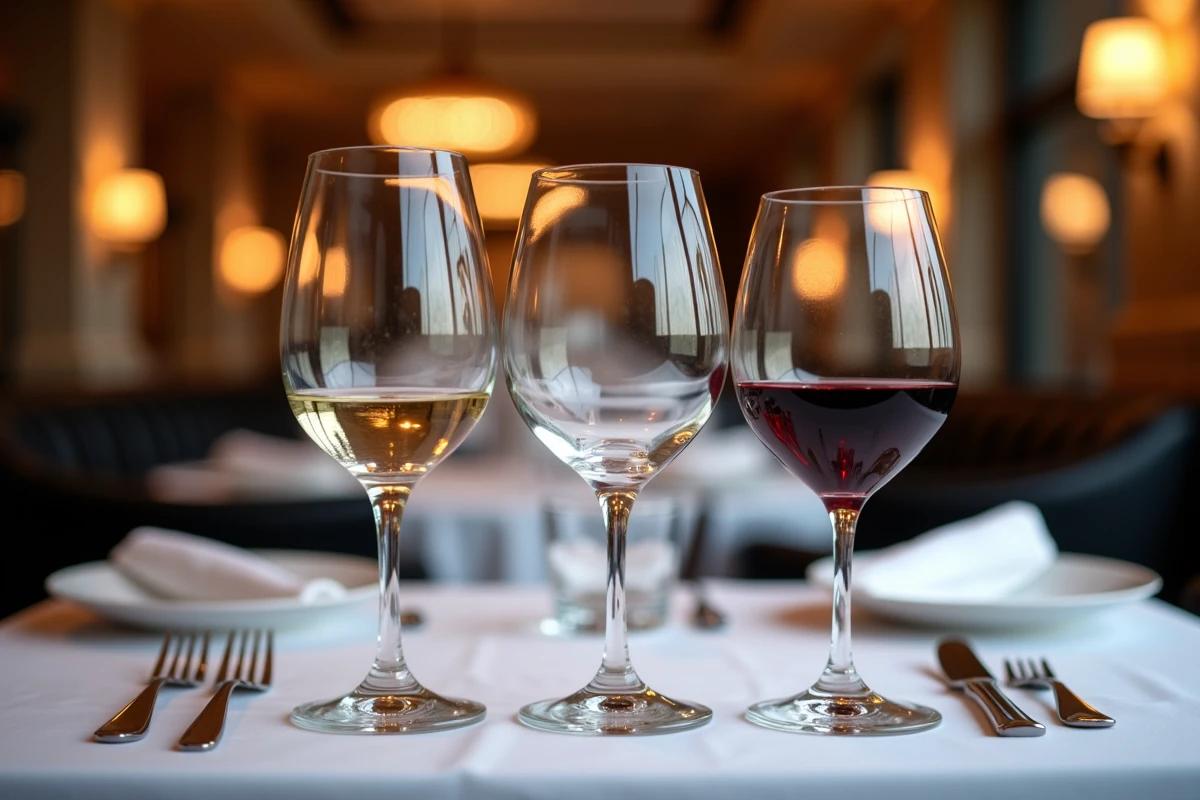 Gros plan sur trois verres à pied disposés en triangle sur une table de restaurant gastronomique, art du service chic
