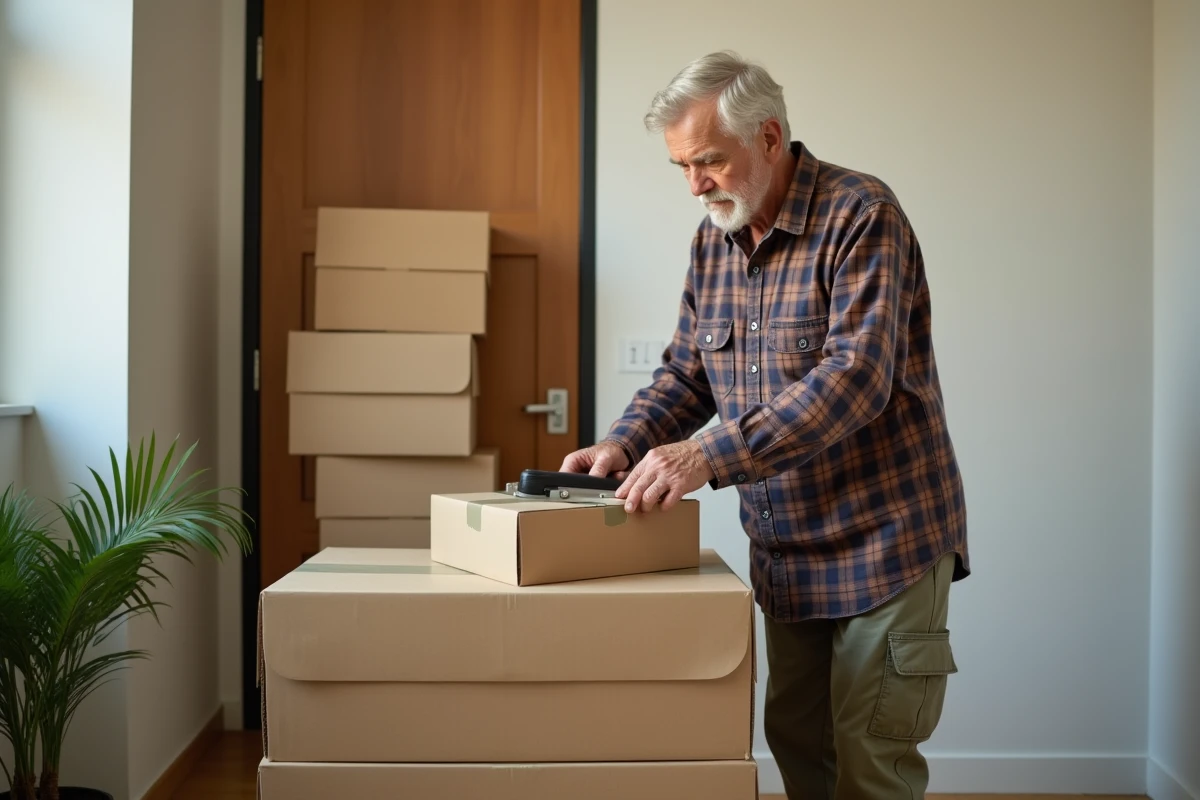 Homme âgé casse des cartons dans un couloir intérieur