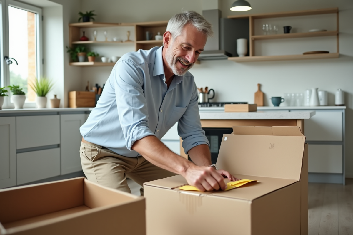 Homme assemblant des cartons dans une cuisine lumineuse
