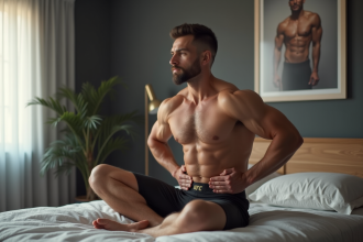 Homme athlétique en tenue de sport assis sur le lit contemplatif