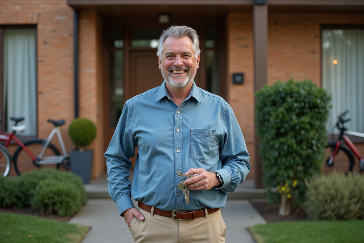 Homme souriant avec clés devant immeuble résidentiel