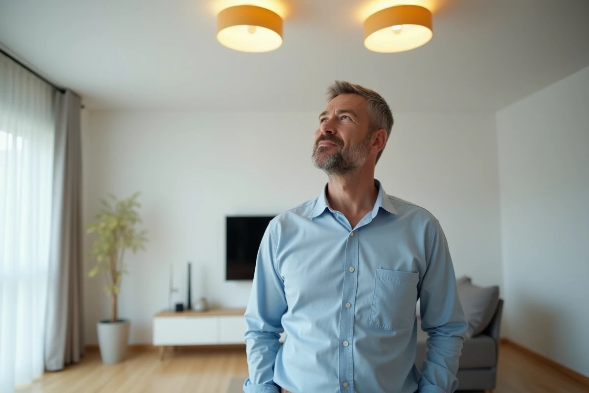 Homme en chemise bleue compare deux spots au plafond