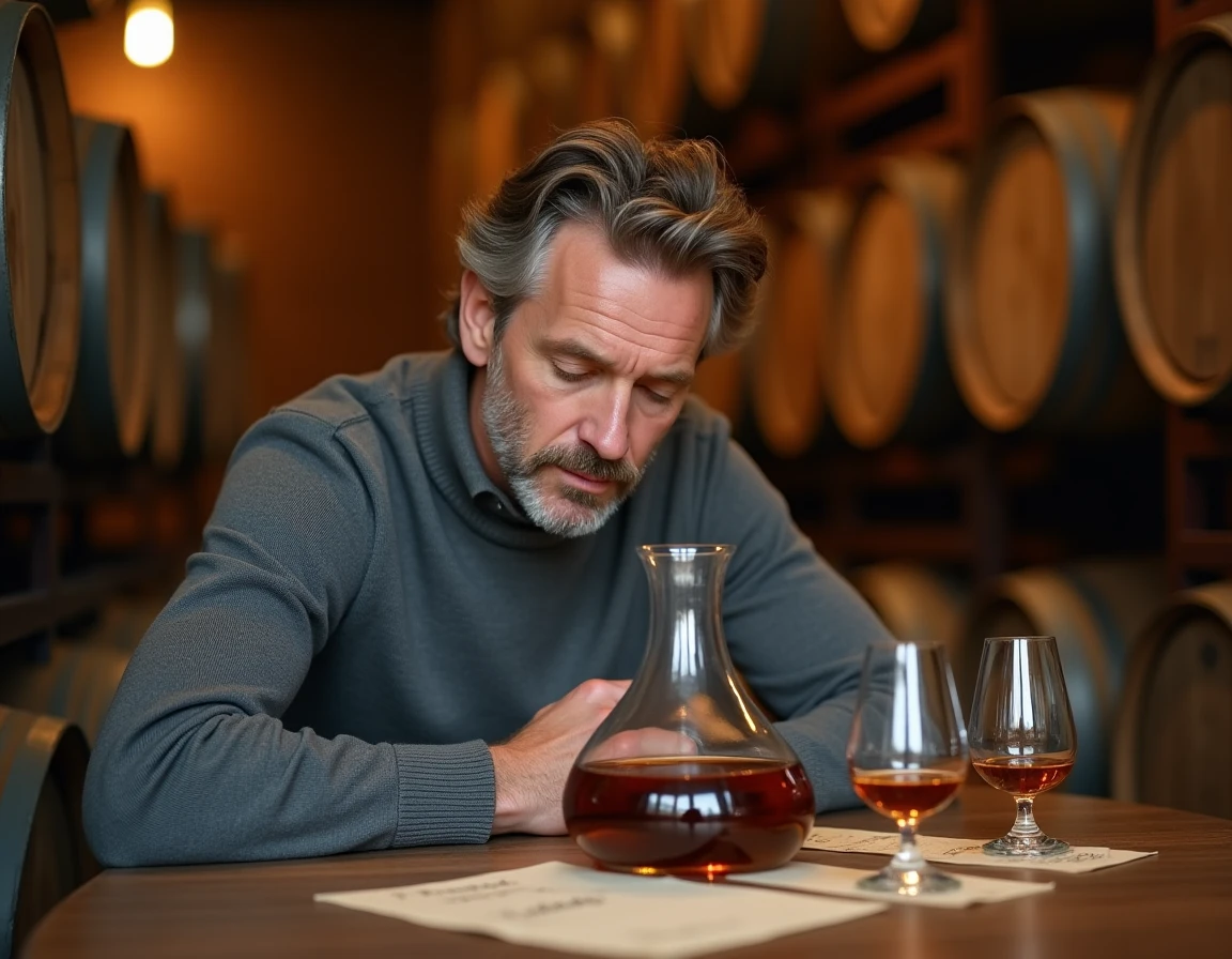 Homme dégustant l'arôme d'un whisky en carafe avec notes de dégustation manuscrites en cave