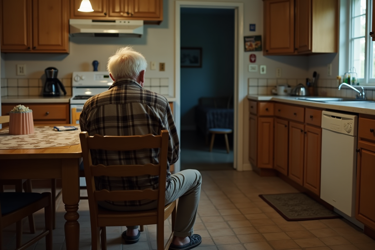 Homme âgé dans la cuisine regardant vers une porte sombre