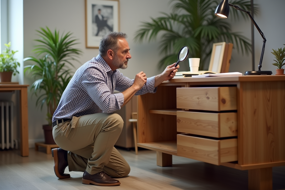 Homme vérifiant une armoire en bois avec une loupe dans un bureau