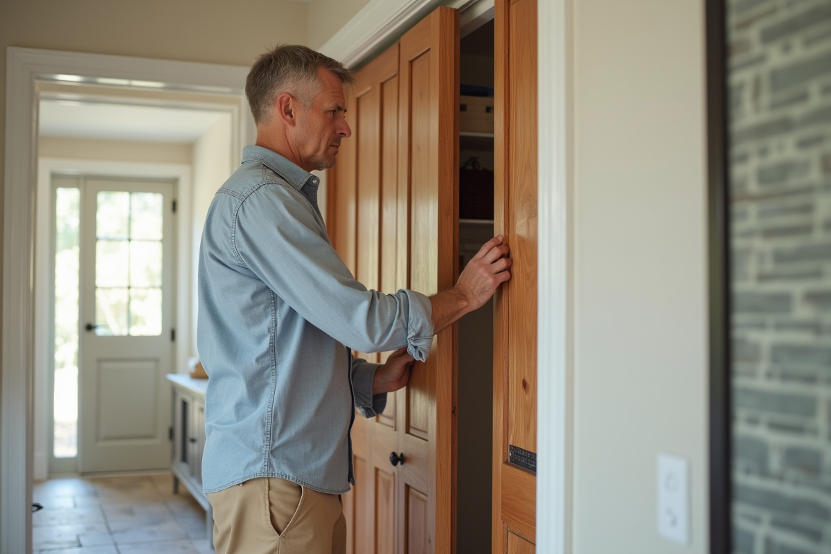 Homme installe des panneaux en bois dans un couloir lumineux