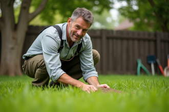 Homme d'âge moyen en vêtements de jardinage cultivant la terre